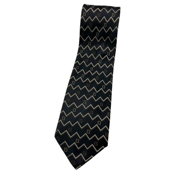 FENDI Men's 100% Silk Necktie LUXURY Black Geometric